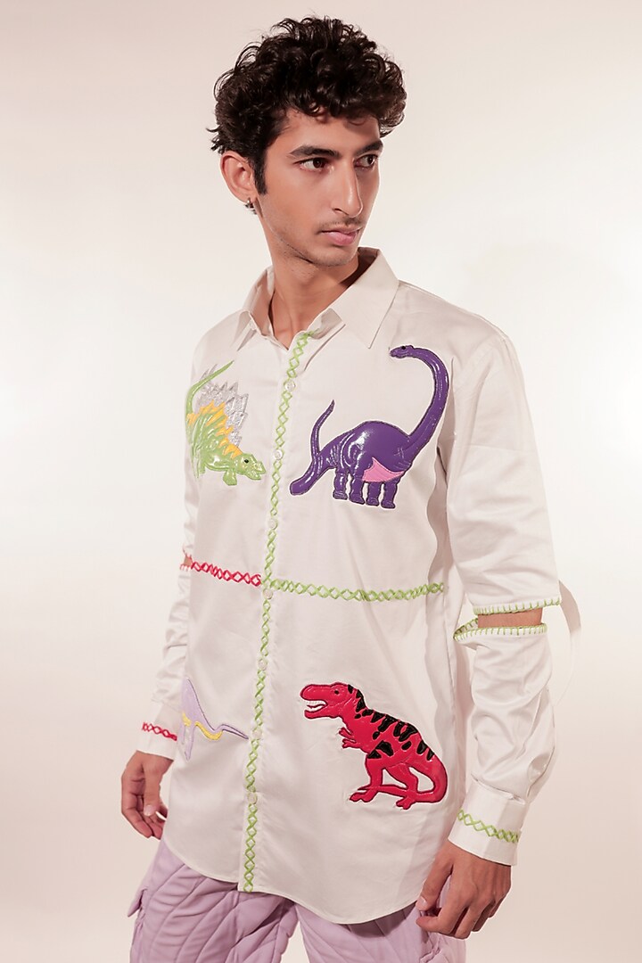 White Cotton Lycra Hand Embroidered Wedding Shirt by Jubinav Chadha Men at Pernia's Pop Up Shop