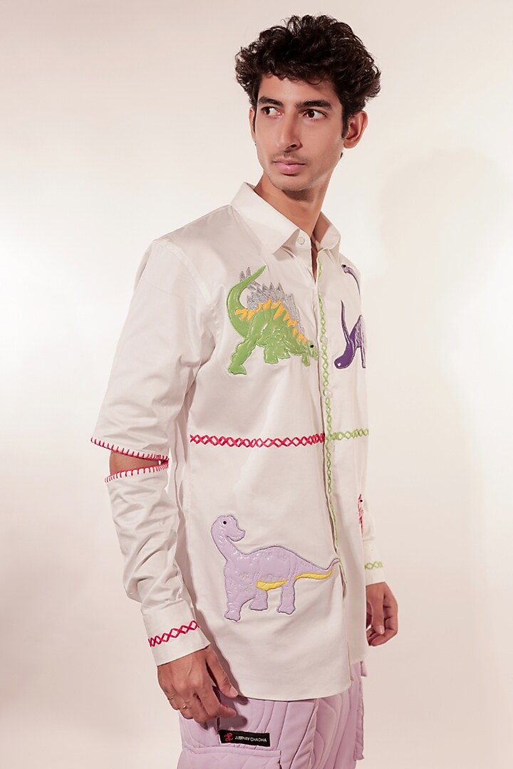 White Cotton Lycra Hand Embroidered Wedding Shirt by Jubinav Chadha Men at Pernia's Pop Up Shop