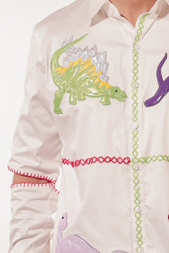 White Cotton Lycra Hand Embroidered Wedding Shirt by Jubinav Chadha Men at Pernia's Pop Up Shop