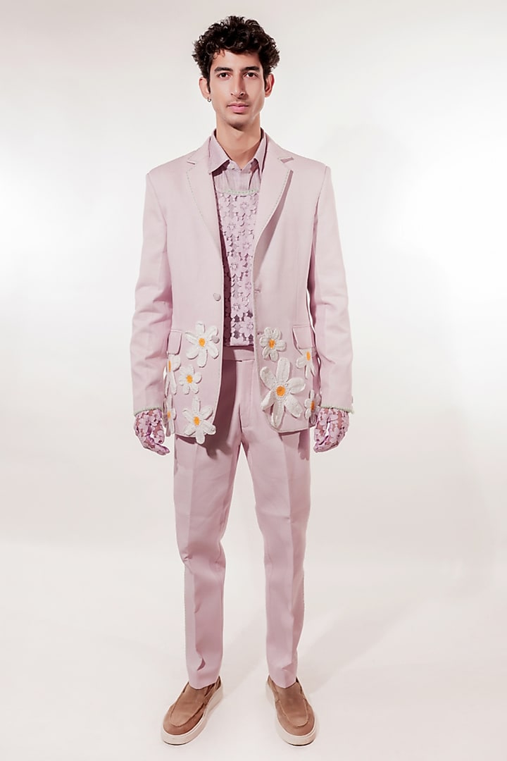 Purple Linen & Tissue Hand Embroidered Blazer Set by Jubinav Chadha Men