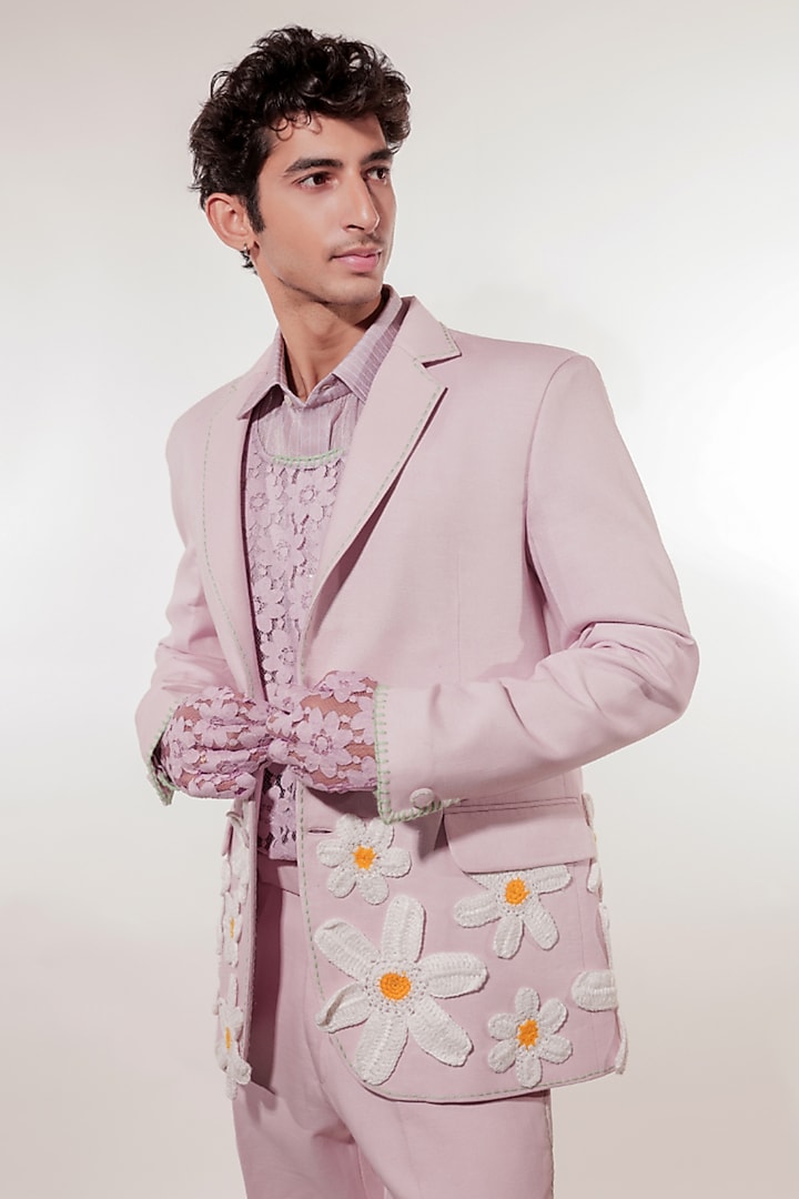 Purple Linen & Tissue Hand Embroidered Blazer Set by Jubinav Chadha Men at Pernia's Pop Up Shop