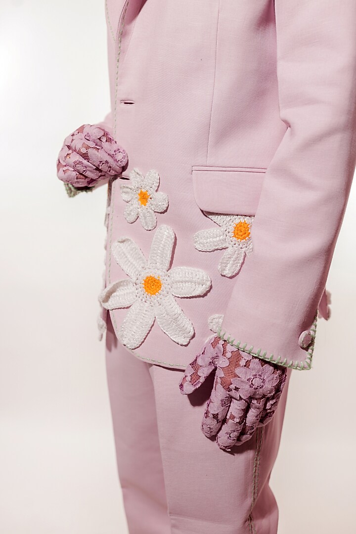 Purple Linen & Tissue Hand Embroidered Blazer Set by Jubinav Chadha Men at Pernia's Pop Up Shop