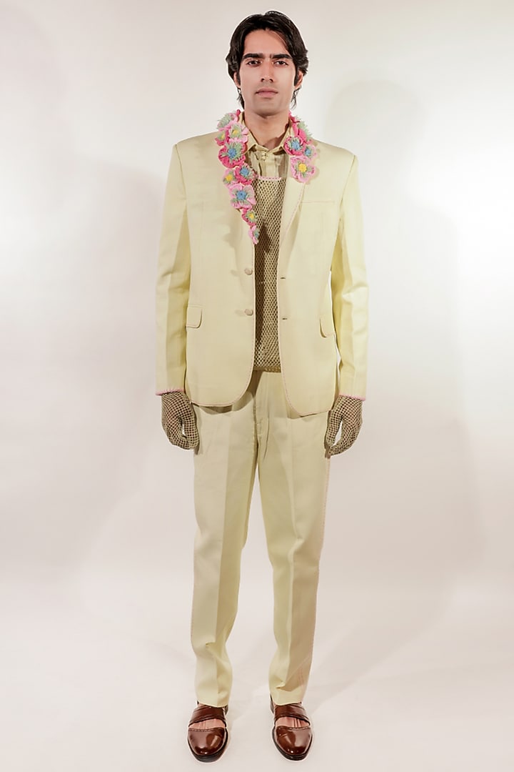 Green Linen & Tissue Hand Embroidered Blazer Set by Jubinav Chadha Men