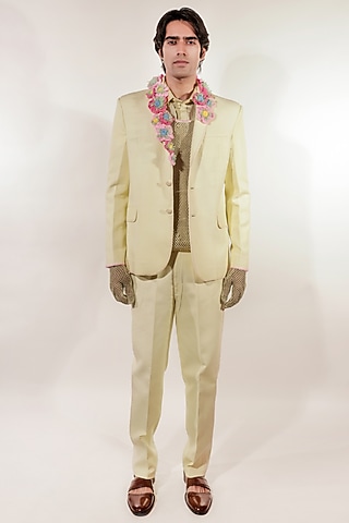 Green Linen & Tissue Hand Embroidered Blazer Set by Jubinav Chadha Men