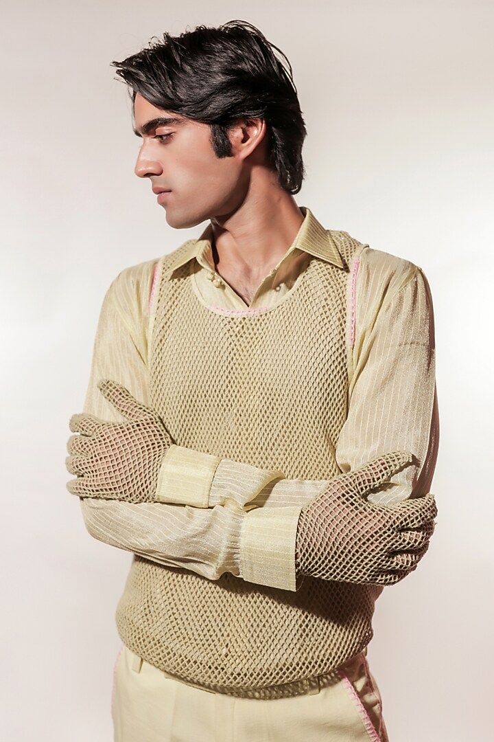 Green Linen & Tissue Hand Embroidered Blazer Set by Jubinav Chadha Men at Pernia's Pop Up Shop