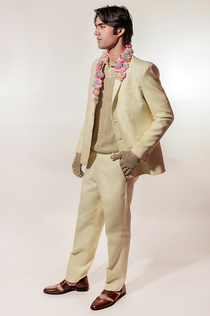 Green Linen & Tissue Hand Embroidered Blazer Set by Jubinav Chadha Men at Pernia's Pop Up Shop
