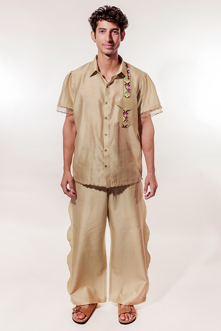 Green Chanderi Machine Embroidered Co-Ord Set by Jubinav Chadha Men