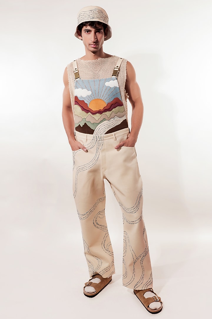 Cream Linen & Suede Patchwork Dungaree by Jubinav Chadha Men
