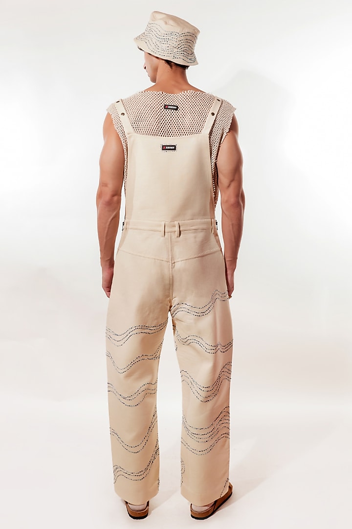Cream Linen & Suede Patchwork Dungaree by Jubinav Chadha Men at Pernia's Pop Up Shop