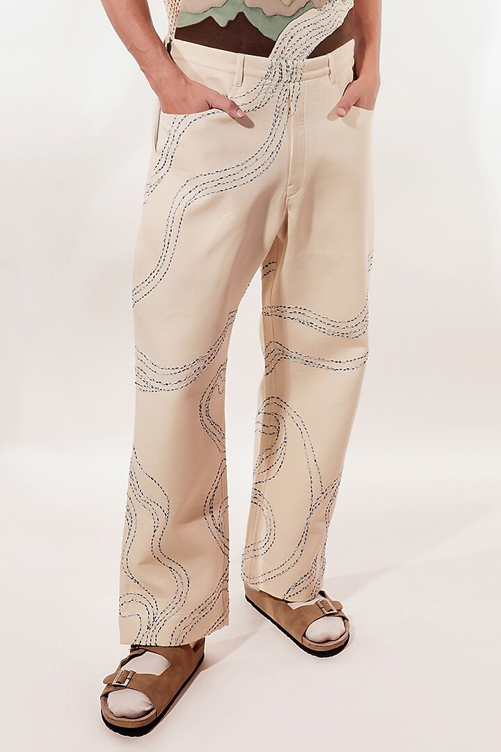 Cream Linen & Suede Patchwork Dungaree by Jubinav Chadha Men at Pernia's Pop Up Shop