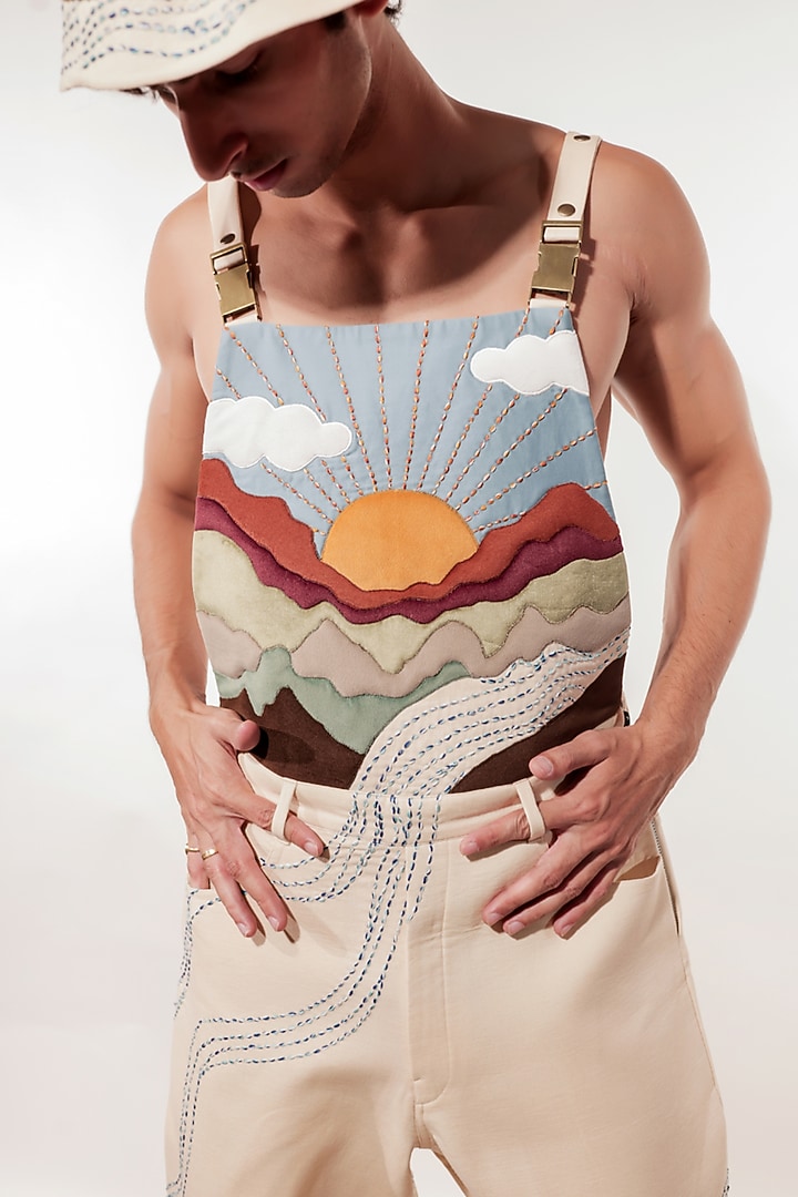 Cream Linen & Suede Patchwork Dungaree by Jubinav Chadha Men at Pernia's Pop Up Shop