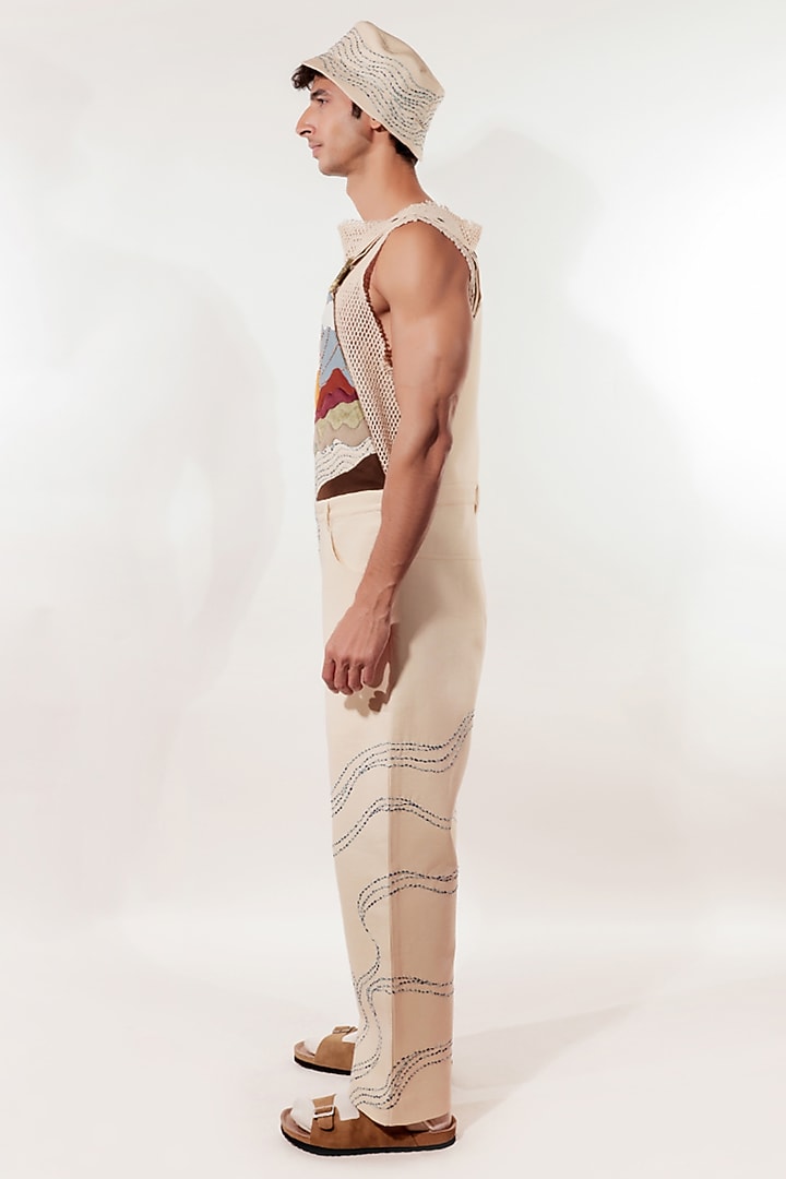 Cream Linen & Suede Patchwork Dungaree by Jubinav Chadha Men at Pernia's Pop Up Shop
