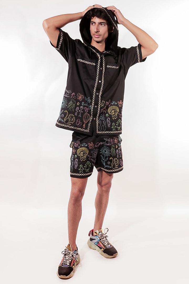 Black Cotton Lycra Hand Embroidered Co-Ord Set by Jubinav Chadha Men