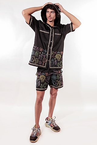 Black Cotton Lycra Hand Embroidered Co-Ord Set by Jubinav Chadha Men