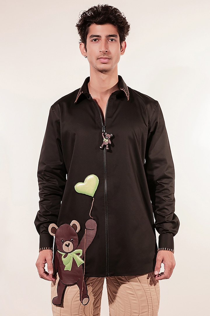 Black Cotton Lycra Patchwork Shirt by Jubinav Chadha Men