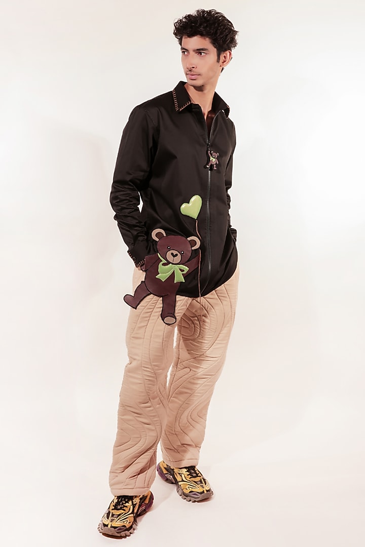 Black Cotton Lycra Patchwork Wedding Shirt by Jubinav Chadha Men at Pernia's Pop Up Shop