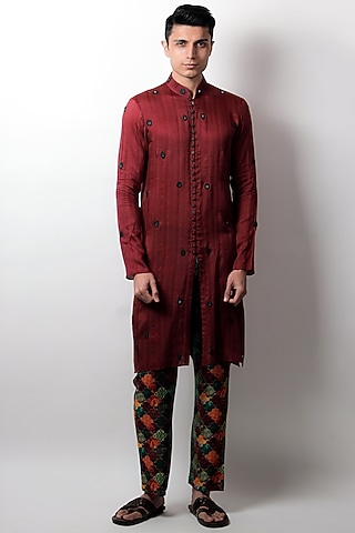 Maroon Embroidered Kurta  by Jubinav Chadha Men