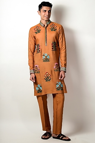 Mustard Embroidered Kurta Set by Jubinav Chadha Men