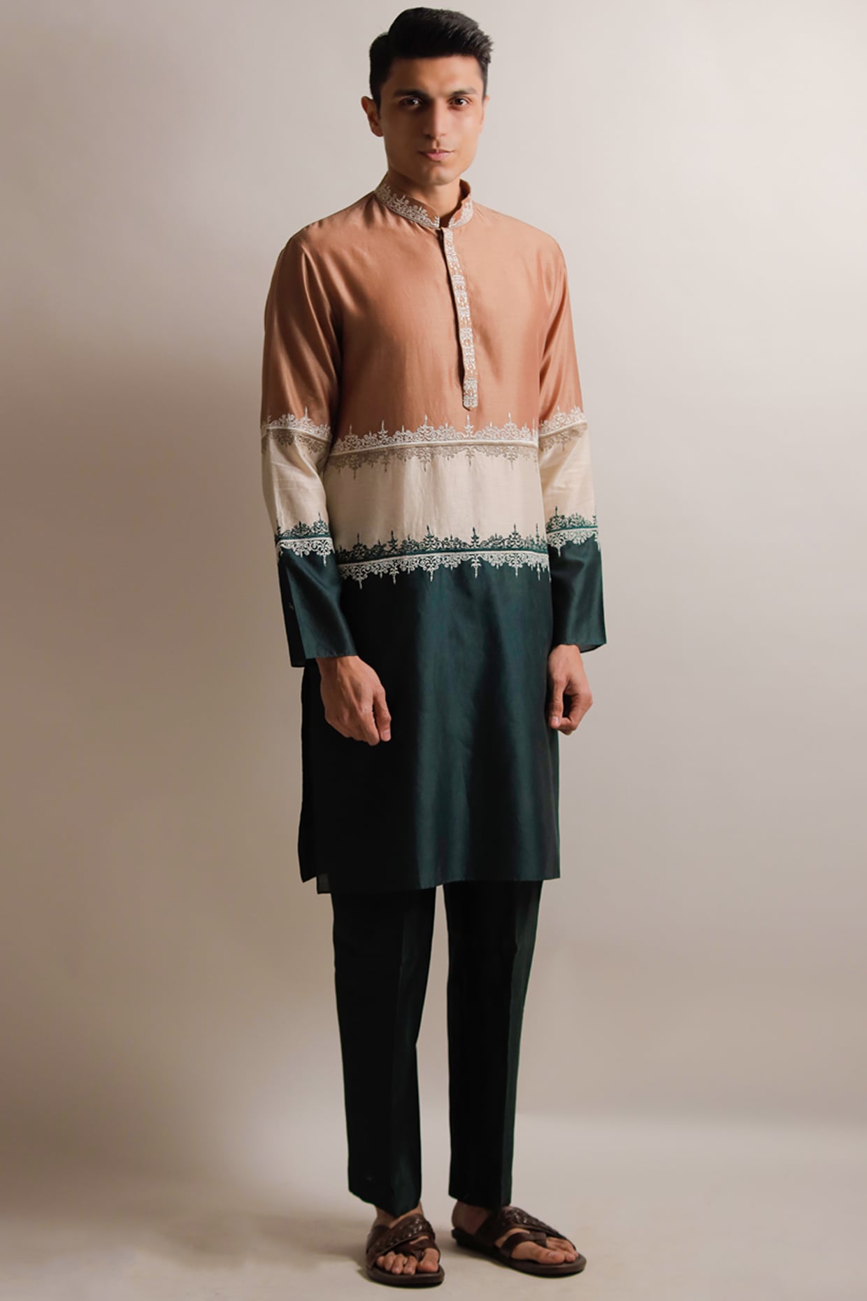 Multi-Coloured Silk Chanderi Color-Block Kurta Set by Jubinav