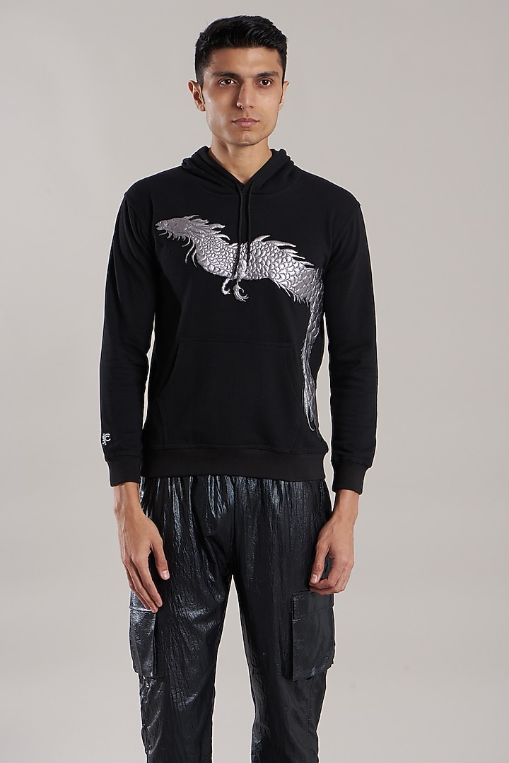 Black Cotton Jersey & Cotton Patchwork Quilted Sweatshirt by Jubinav Chadha Men at Pernia's Pop Up Shop