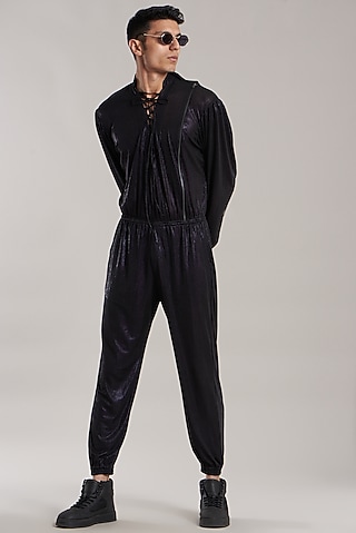 Black & Purple Lycra Jumpsuit by Jubinav Chadha Men