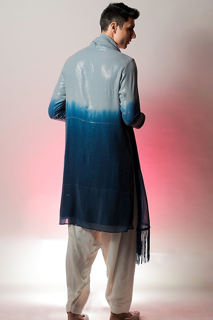 Grey & Blue Georgette Hand-Dyed Ombre Kurta Set by Jubinav Chadha Men at Pernia's Pop Up Shop