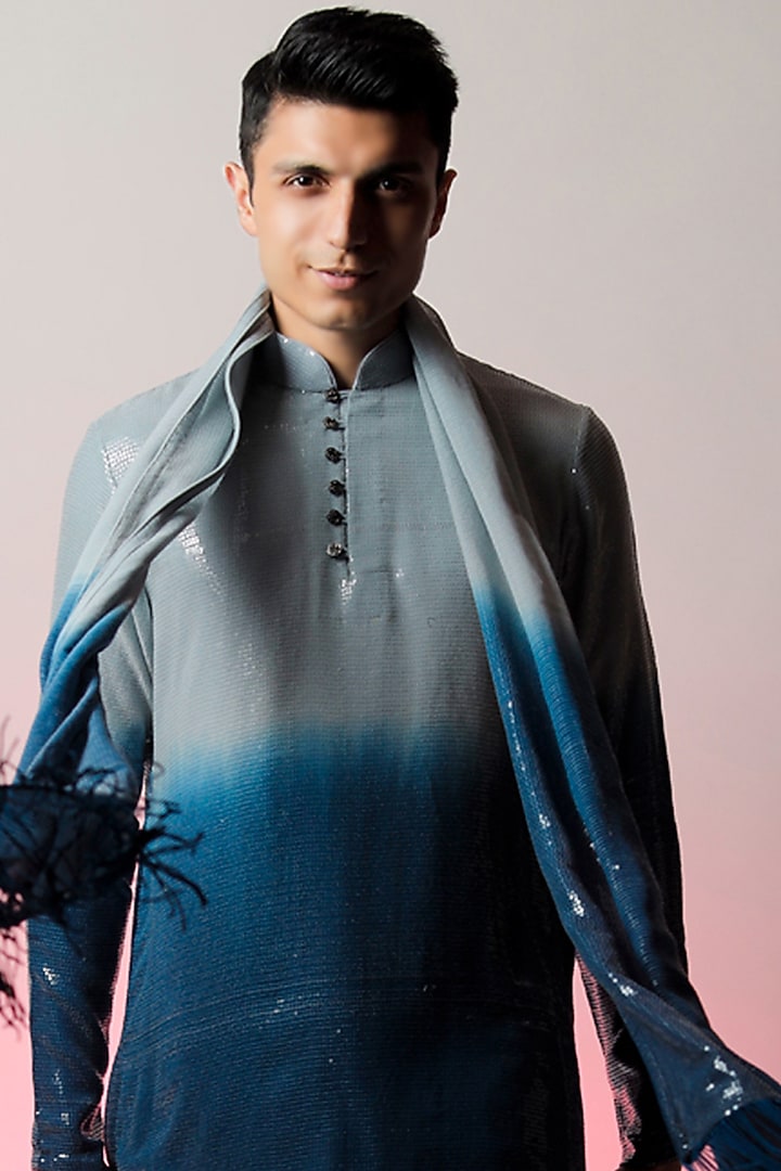 Grey & Blue Georgette Hand-Dyed Ombre Kurta Set by Jubinav Chadha Men at Pernia's Pop Up Shop