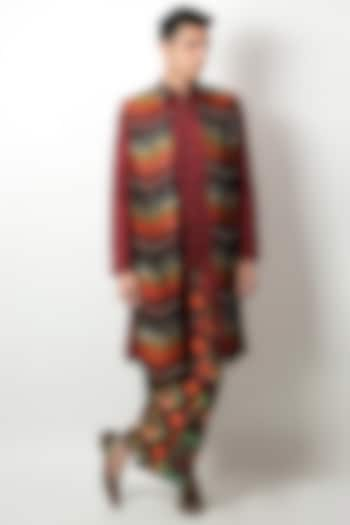 Multi-Colored Raw Silk & Silk Mirror Hand Embroidered Long Bundi Jacket Set by Jubinav Chadha Men