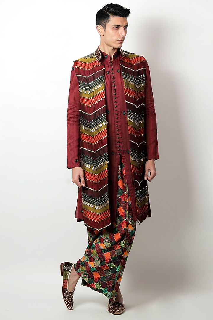 Multi-Colored Raw Silk & Silk Mirror Hand Embroidered Long Bundi Jacket Set by Jubinav Chadha Men