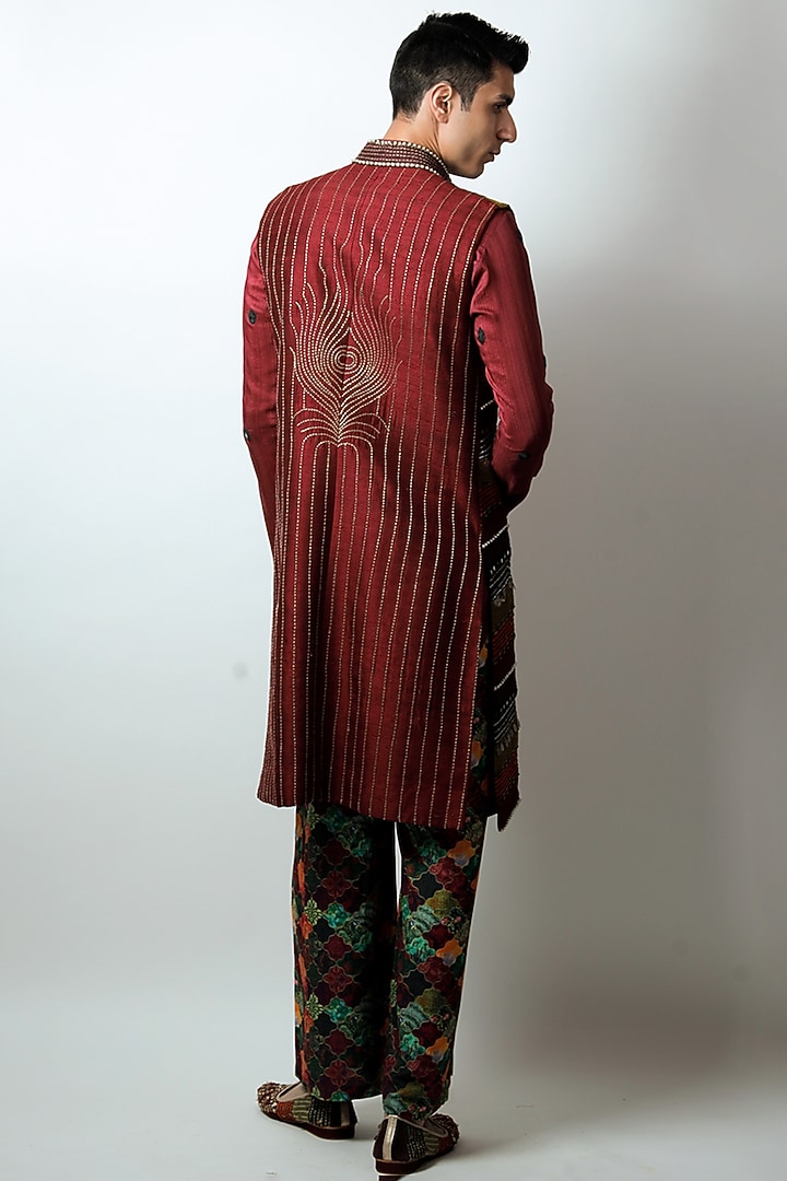 Multi-Colored Raw Silk & Silk Mirror Hand Embroidered Long Bundi Jacket Set by Jubinav Chadha Men at Pernia's Pop Up Shop