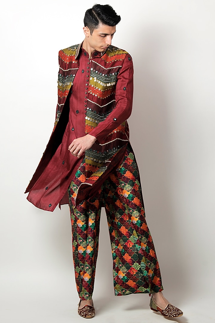 Multi-Colored Raw Silk & Silk Mirror Hand Embroidered Long Bundi Jacket Set by Jubinav Chadha Men at Pernia's Pop Up Shop