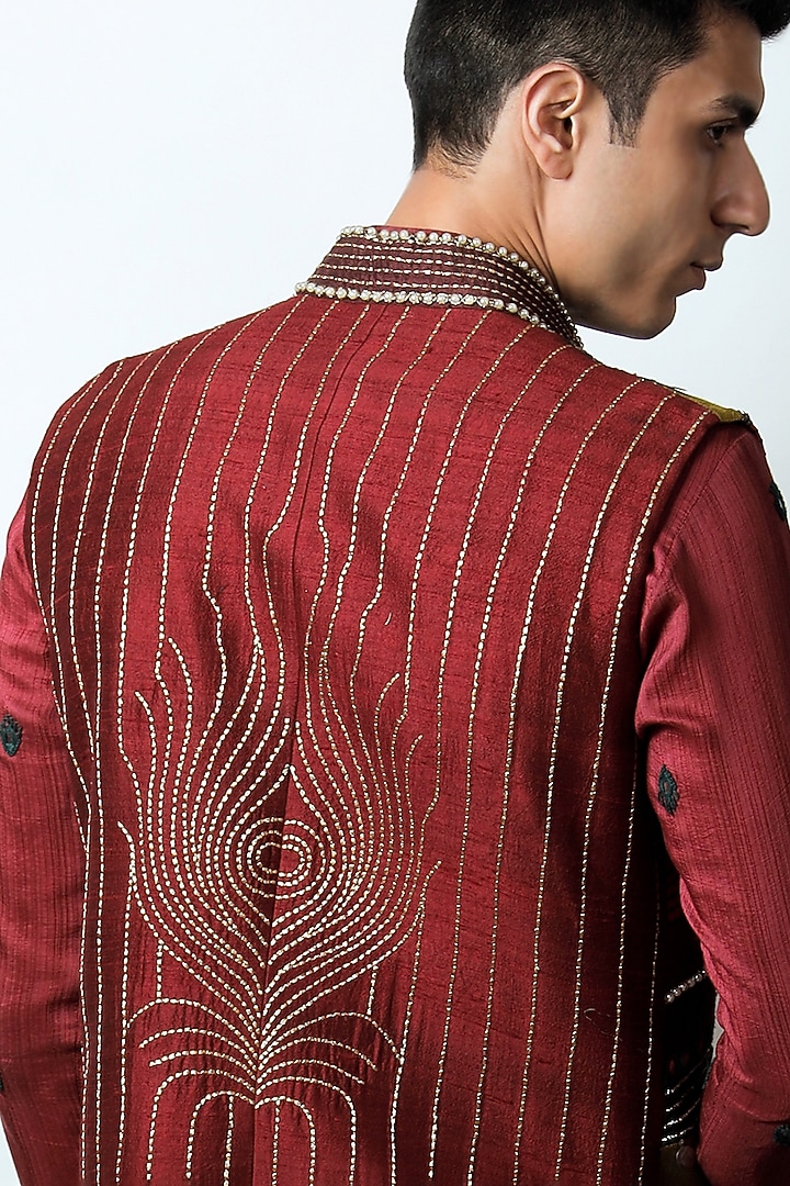 Multi-Colored Raw Silk & Silk Mirror Hand Embroidered Long Bundi Jacket Set by Jubinav Chadha Men at Pernia's Pop Up Shop