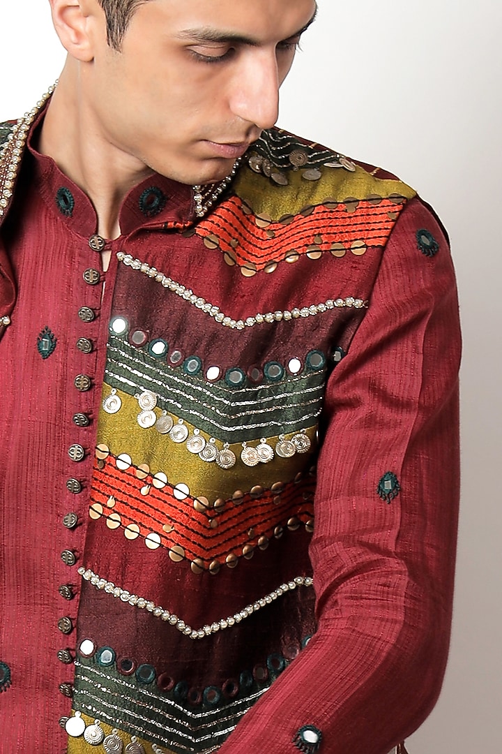 Multi-Colored Raw Silk & Silk Mirror Hand Embroidered Long Bundi Jacket Set by Jubinav Chadha Men at Pernia's Pop Up Shop