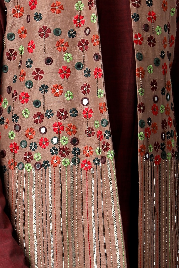 Gold Raw Silk Floral Thread Embroidered Long Nehru Jacket Set by Jubinav Chadha Men at Pernia's Pop Up Shop