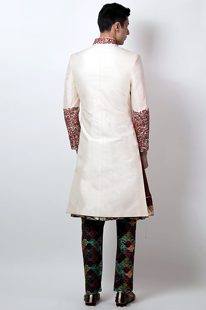 Ivory Raw Silk Thread & Dabka Embroidered Wedding Sherwani by Jubinav Chadha Men at Pernia's Pop Up Shop