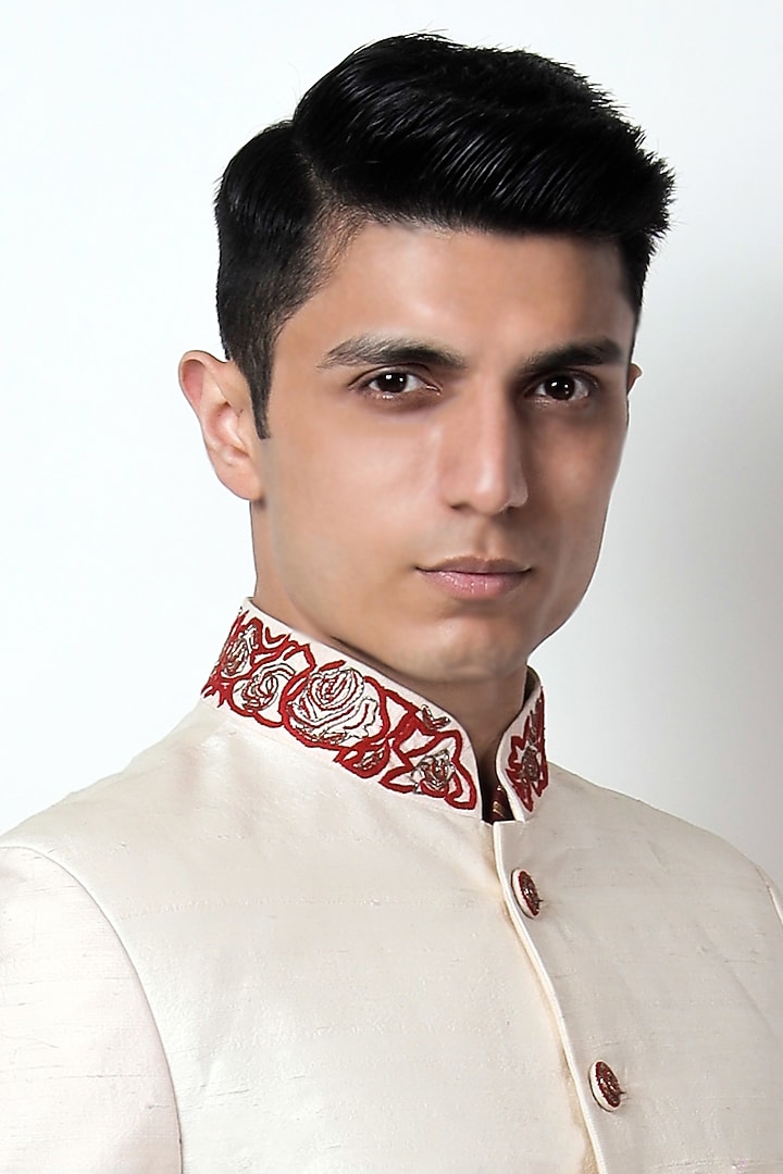 Ivory Raw Silk Thread & Dabka Embroidered Wedding Sherwani by Jubinav Chadha Men at Pernia's Pop Up Shop
