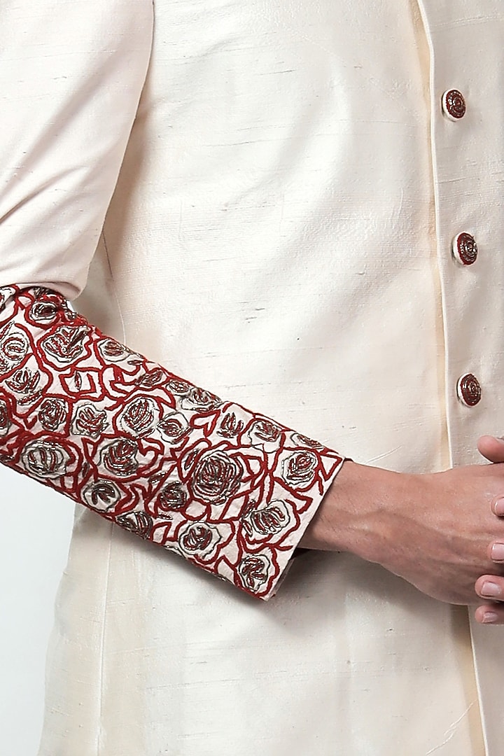 Ivory Raw Silk Thread & Dabka Embroidered Wedding Sherwani by Jubinav Chadha Men at Pernia's Pop Up Shop