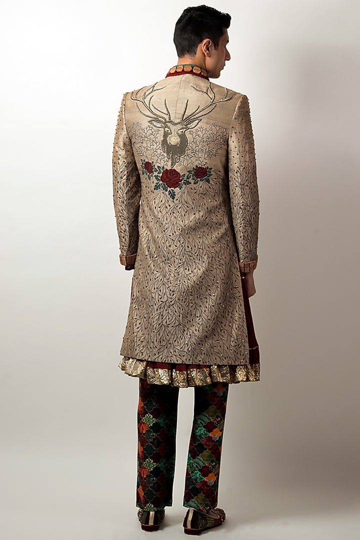Gold Beige Raw Silk Motif Hand Embroidered Groom Sherwani Set by Jubinav Chadha Men at Pernia's Pop Up Shop