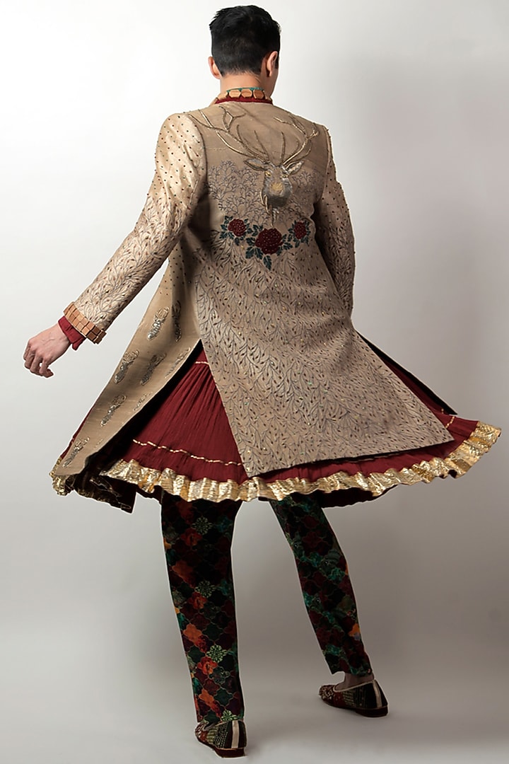 Gold Beige Raw Silk Motif Hand Embroidered Groom Sherwani Set by Jubinav Chadha Men at Pernia's Pop Up Shop