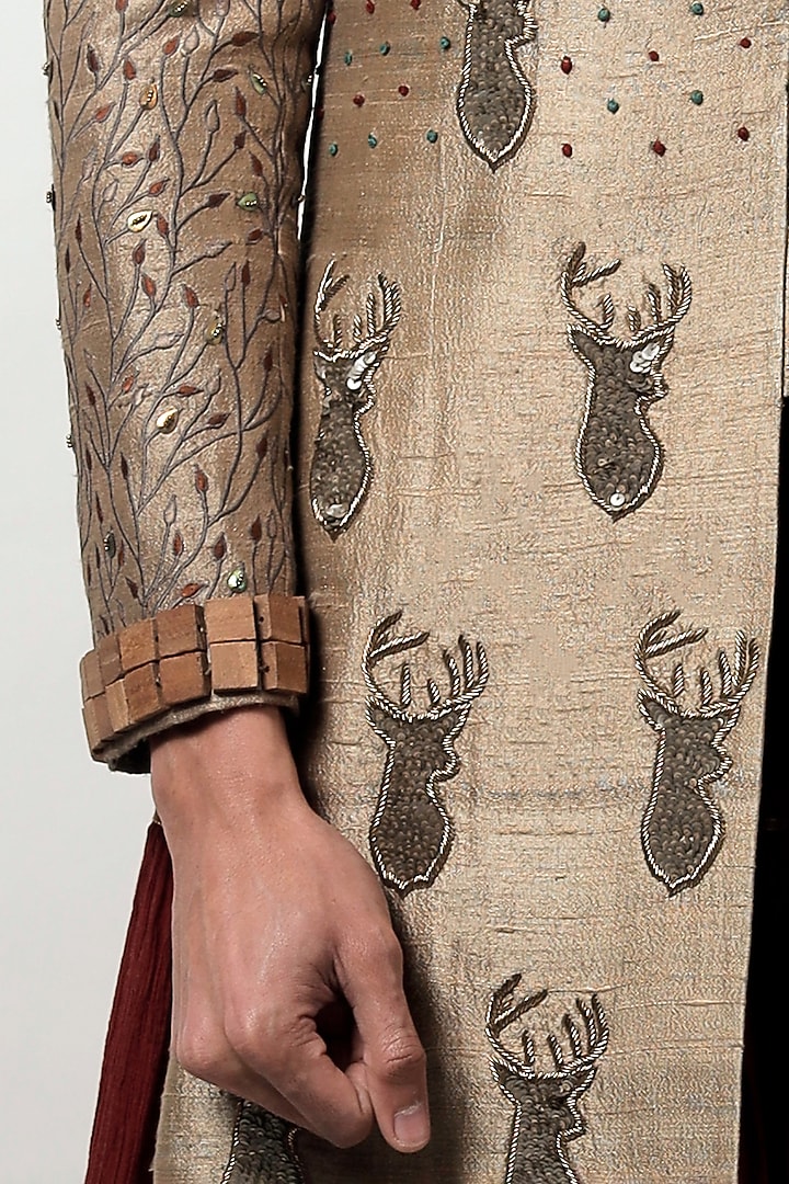 Gold Beige Raw Silk Motif Hand Embroidered Groom Sherwani Set by Jubinav Chadha Men at Pernia's Pop Up Shop