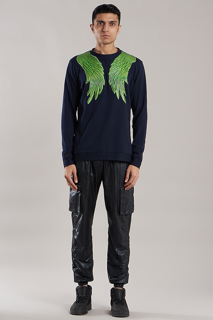 Navy Blue Cotton & Fleeces Motifs Work Quilted Sweatshirt by Jubinav Chadha Men