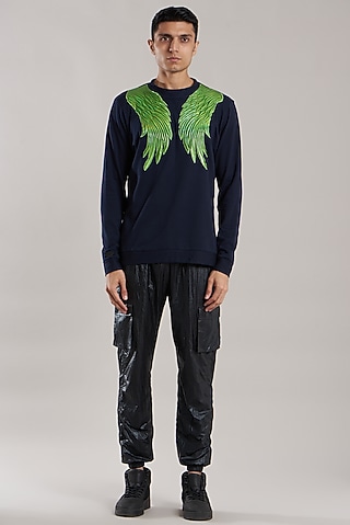 Navy Blue Cotton & Fleeces Motifs Work Quilted Sweatshirt by Jubinav Chadha Men