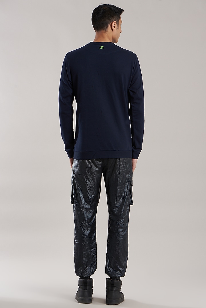 Navy Blue Cotton & Fleeces Motifs Work Quilted Sweatshirt by Jubinav Chadha Men at Pernia's Pop Up Shop