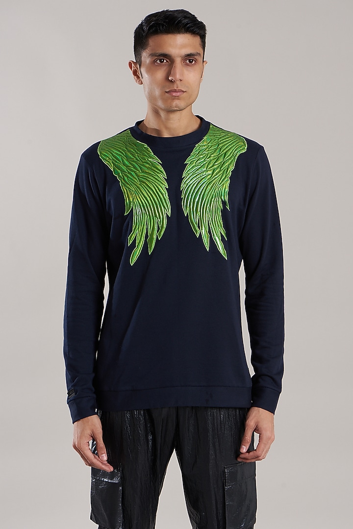 Navy Blue Cotton & Fleeces Motifs Work Quilted Sweatshirt by Jubinav Chadha Men at Pernia's Pop Up Shop