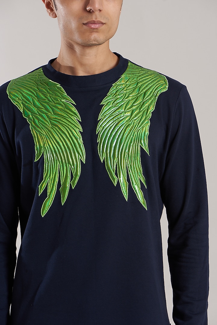 Navy Blue Cotton & Fleeces Motifs Work Quilted Sweatshirt by Jubinav Chadha Men at Pernia's Pop Up Shop