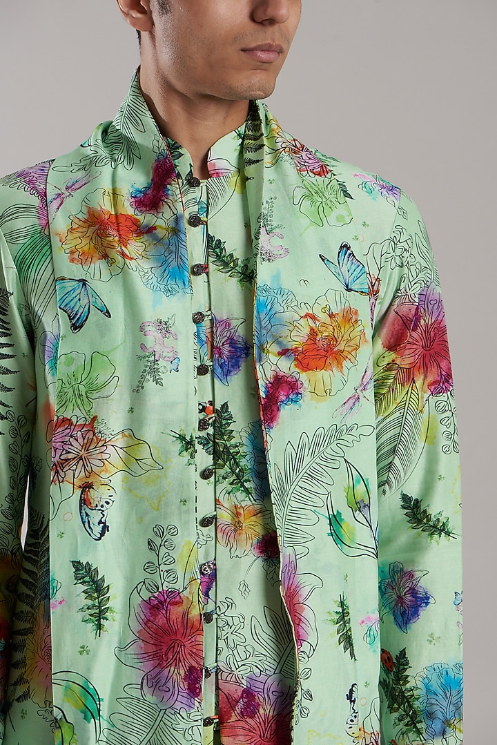 Mint Green Cotton & Silk Printed Kurta Set by Jubinav Chadha Men at Pernia's Pop Up Shop