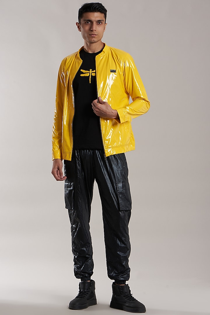Yellow Rubber Coated Jersey Jacket by Jubinav Chadha Men