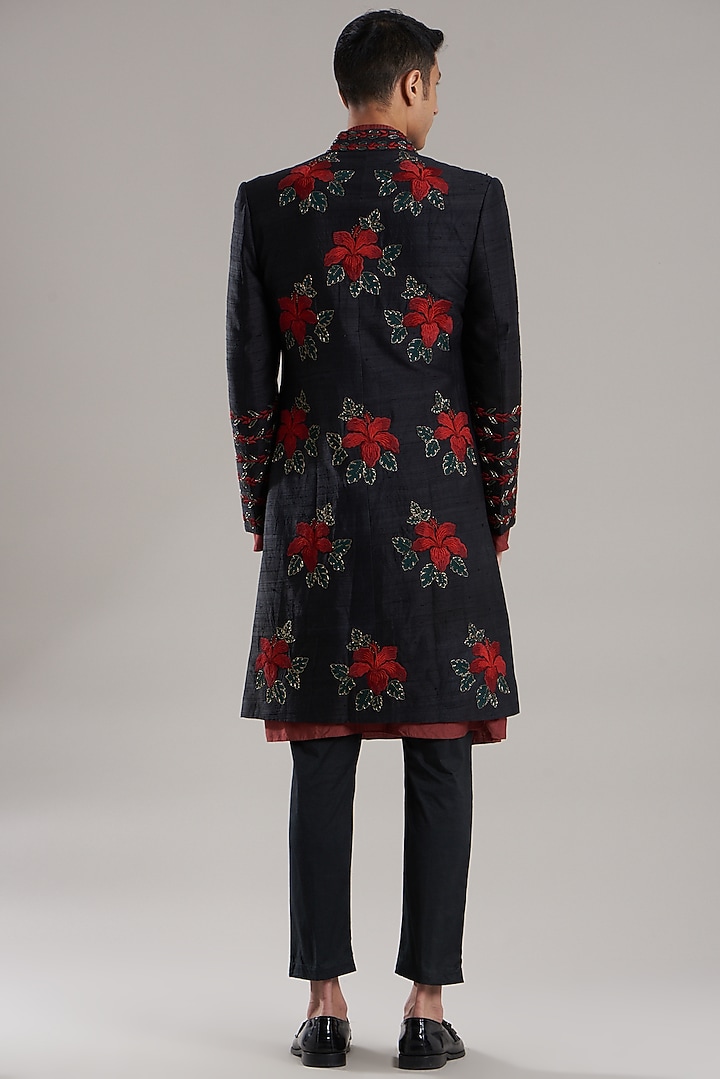 Black Raw Silk Thread Embroidered Groom Sherwani Set by Jubinav Chadha Men at Pernia's Pop Up Shop