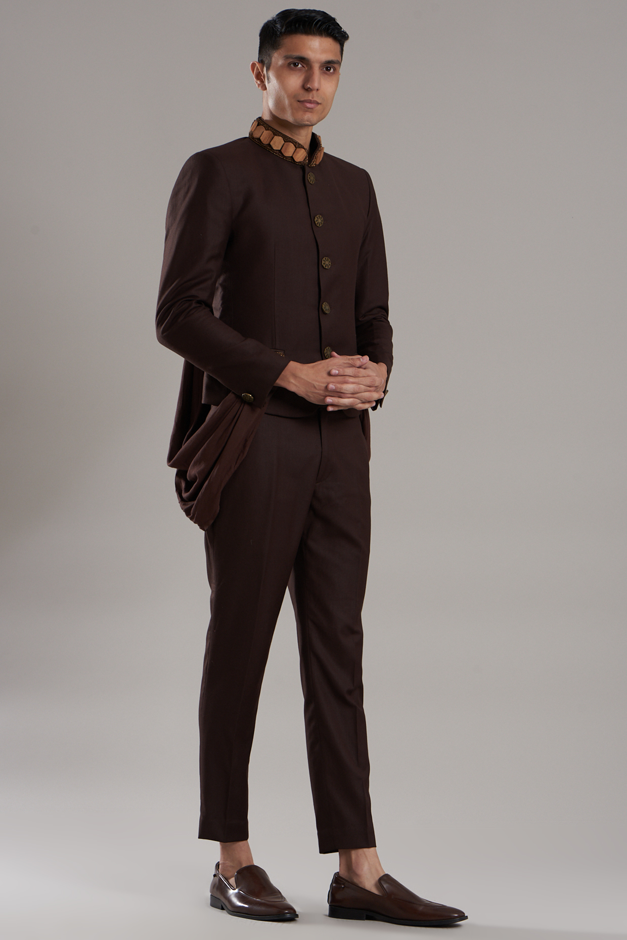 Brown Viscose & Polyester Embroidered Draped Wedding Indowestern Set by Jubinav Chadha Men at Pernia's Pop Up Shop