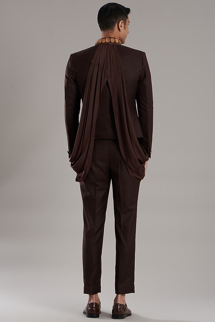 Brown Viscose & Polyester Embroidered Draped Wedding Indowestern Set by Jubinav Chadha Men at Pernia's Pop Up Shop